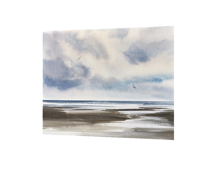 Light on the shoreline original seascape watercolour painting by Timothy Gent - side view