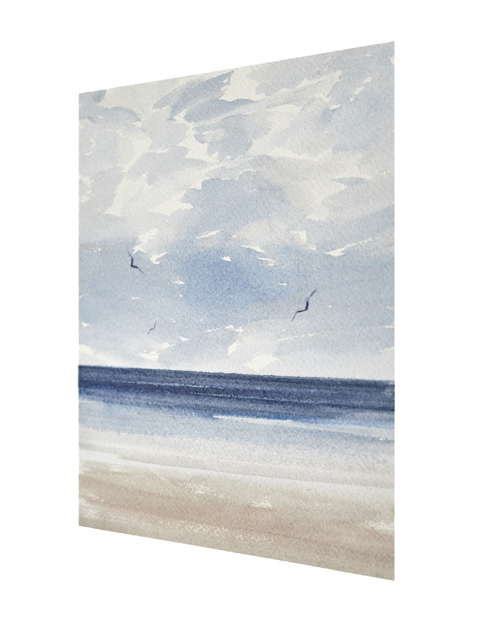 Light over calm seas original seascape watercolour painting by Timothy Gent - side view