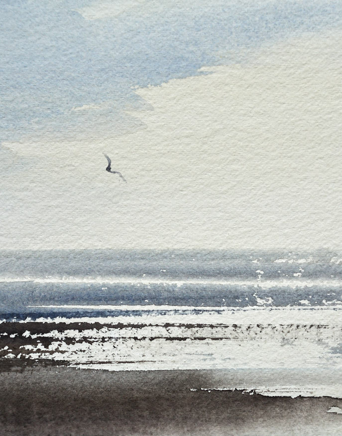 Sunlight across the shore original seascape watercolour painting by Timothy Gent - detail view