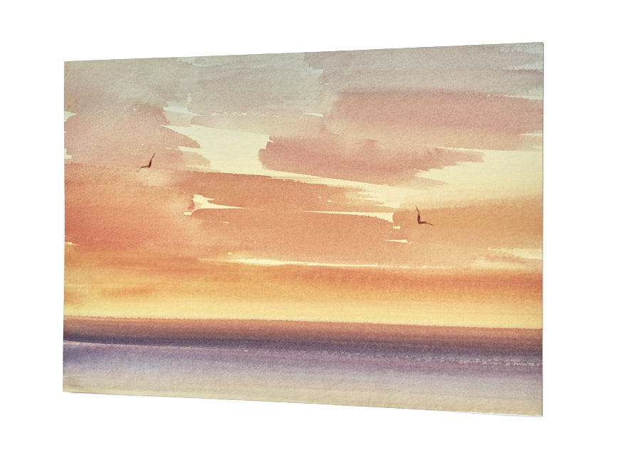 Sunset serenity original seascape watercolour painting by Timothy Gent - side view