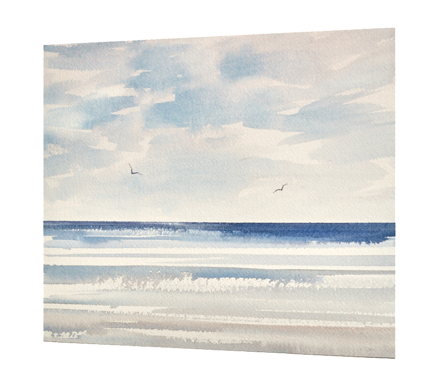 Sunshine over the sea original seascape watercolour painting by Timothy Gent - side view