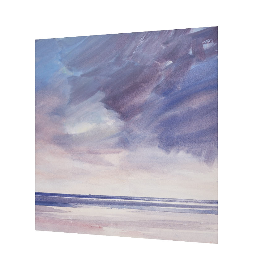 Last light over the beach original seascape watercolour painting by Timothy Gent - side view