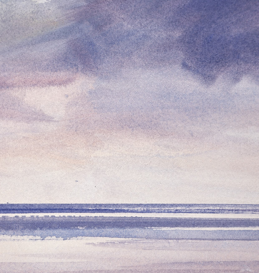 Last light over the beach original seascape watercolour painting by Timothy Gent - detail view
