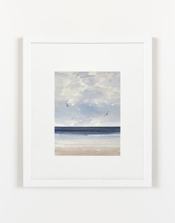 Light over calm seas watercolour painting by Timothy Gent - example framed view