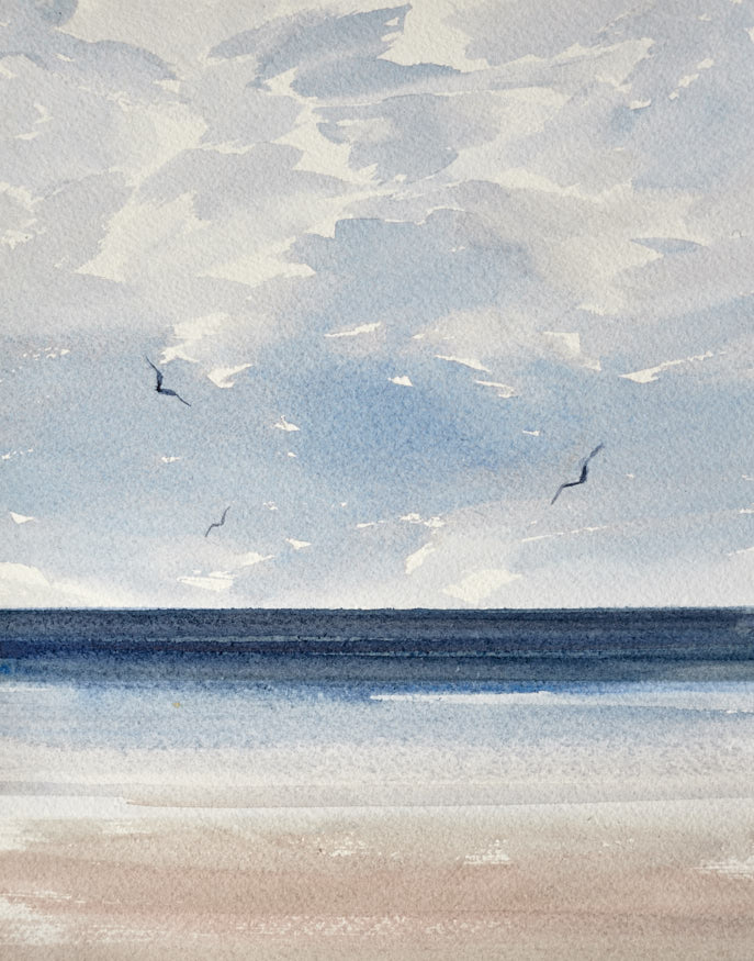 Light over calm seas original watercolour painting