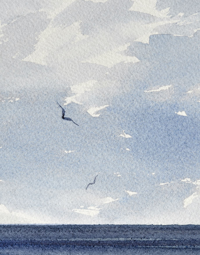 Light over calm seas original seascape watercolour painting by Timothy Gent - detail view