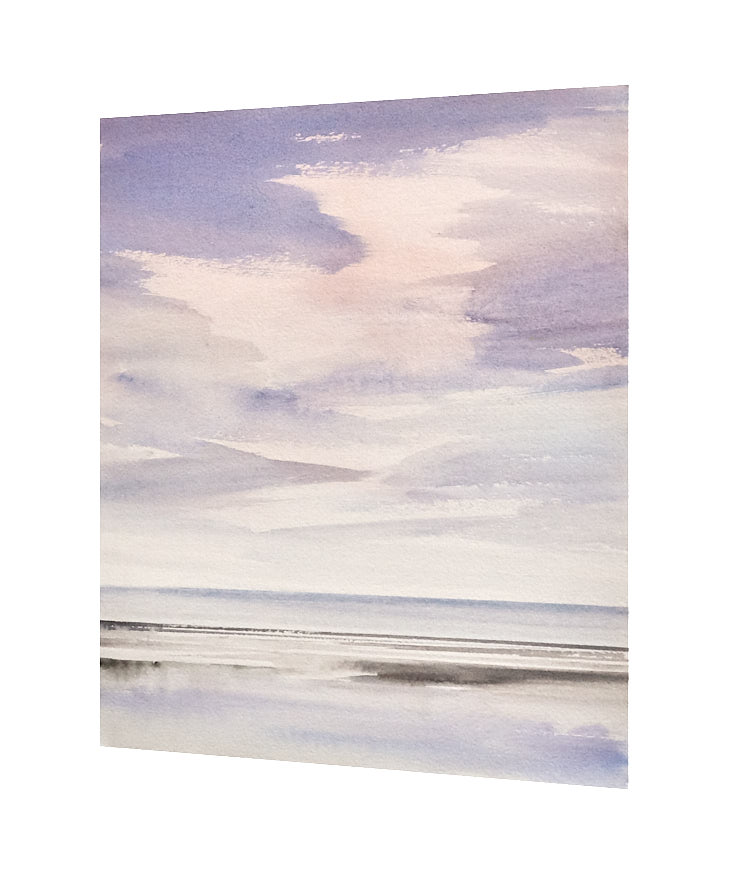 Peaceful shore, Lytham St Annes beach original seascape watercolour painting by Timothy Gent - side view
