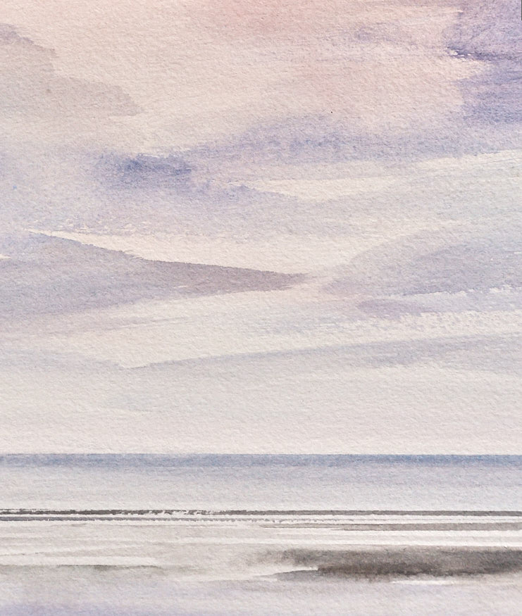 Peaceful shore, Lytham St Annes beach original seascape watercolour painting by Timothy Gent - detail view