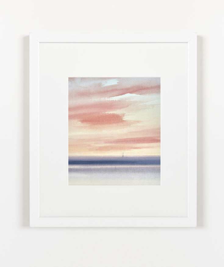 Serene sunset watercolour painting by Timothy Gent - example framed view