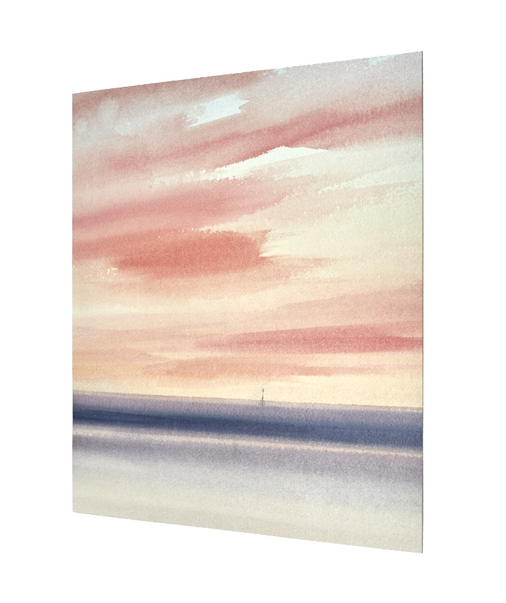 Serene sunset original seascape watercolour painting by Timothy Gent - side view
