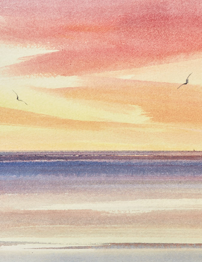 Shore after sunset original seascape watercolour painting by Timothy Gent - detail view