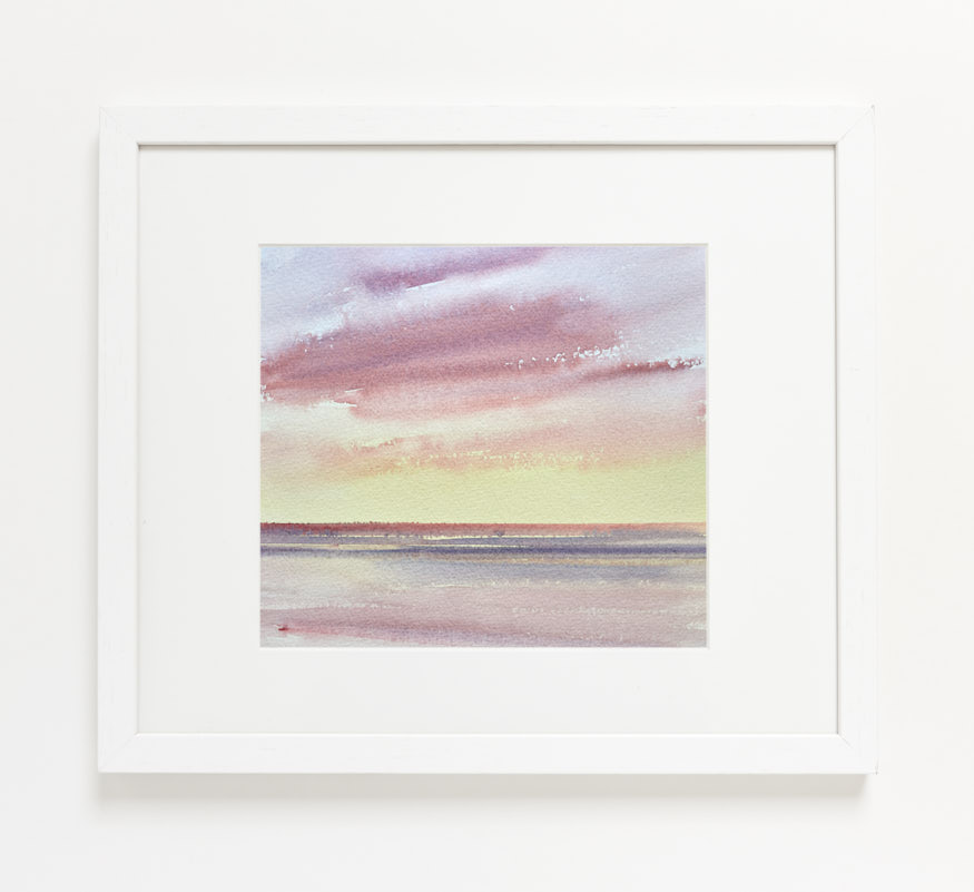 Sunset glow over the sea watercolour painting by Timothy Gent - example framed view