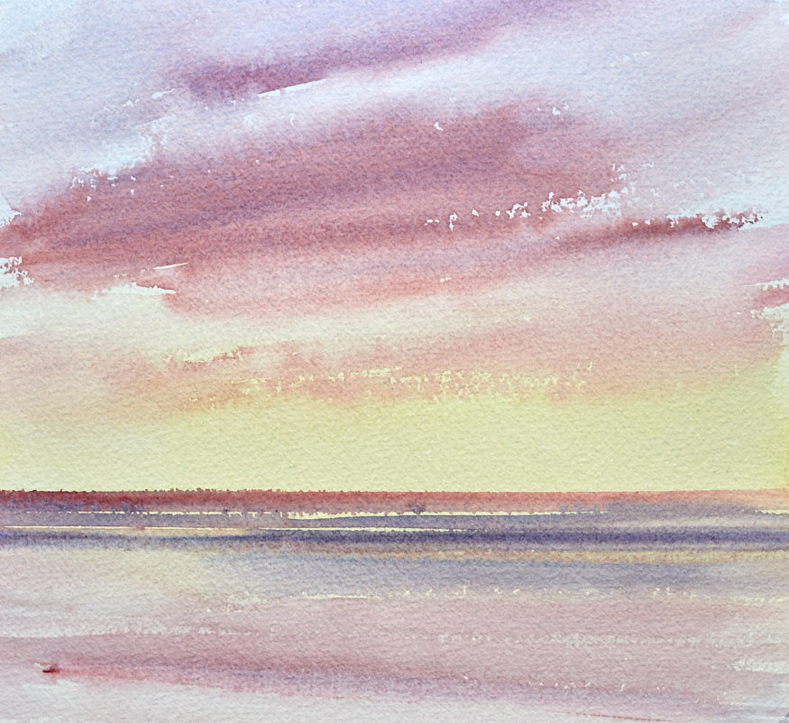 Sunset glow over the sea original watercolour painting