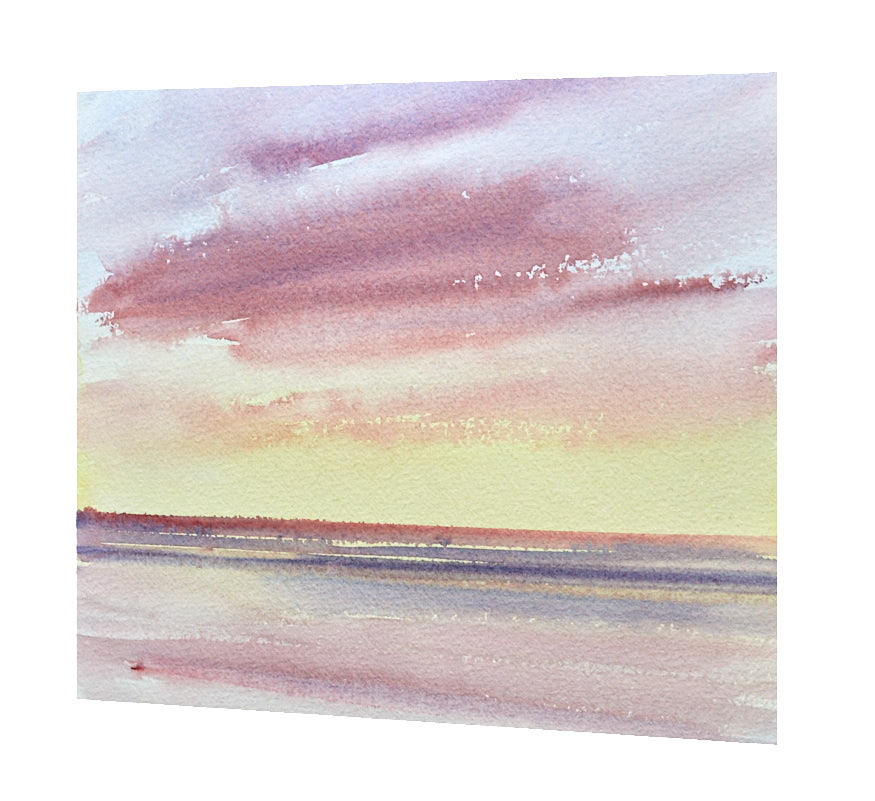 Sunset glow over the sea original seascape watercolour painting by Timothy Gent - side view