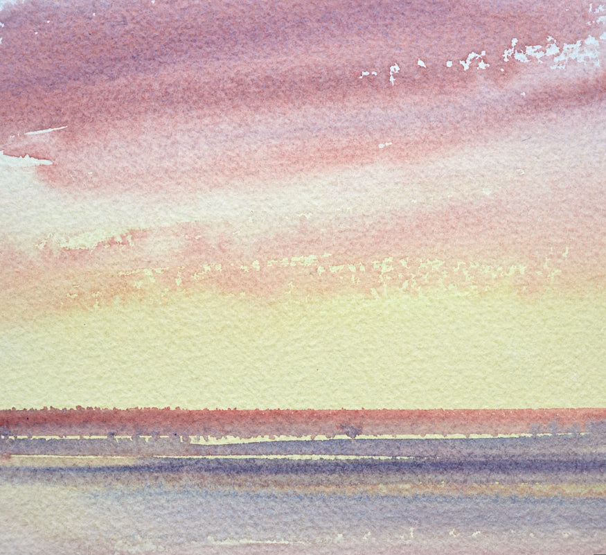 Sunset glow over the sea original seascape watercolour painting by Timothy Gent - detail view