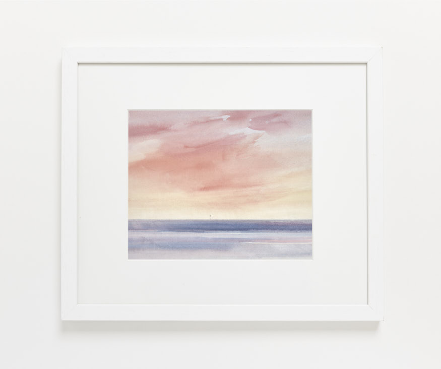 Sunset light out to sea watercolour painting by Timothy Gent - example framed view