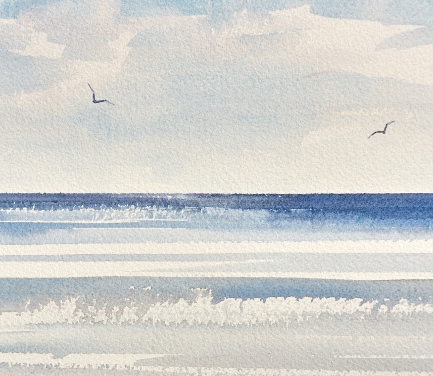 Sunshine over the sea original seascape watercolour painting by Timothy Gent - detail view