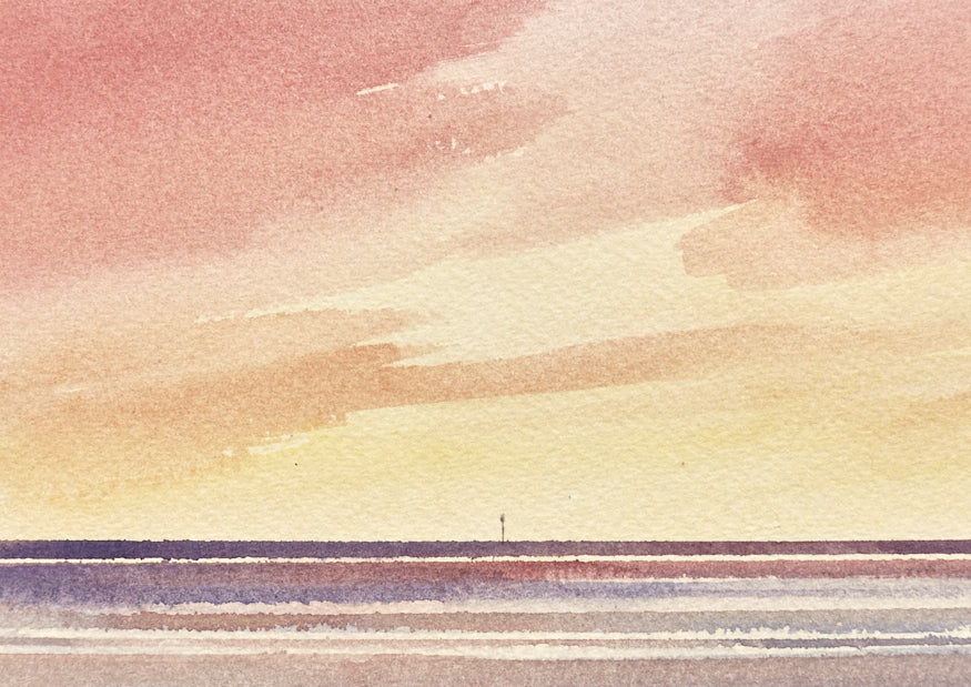 Twilight over the shore original seascape watercolour painting by Timothy Gent - detail view