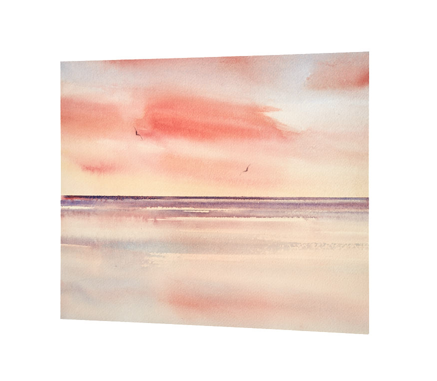 Twilight reflections original seascape watercolour painting by Timothy Gent - side view