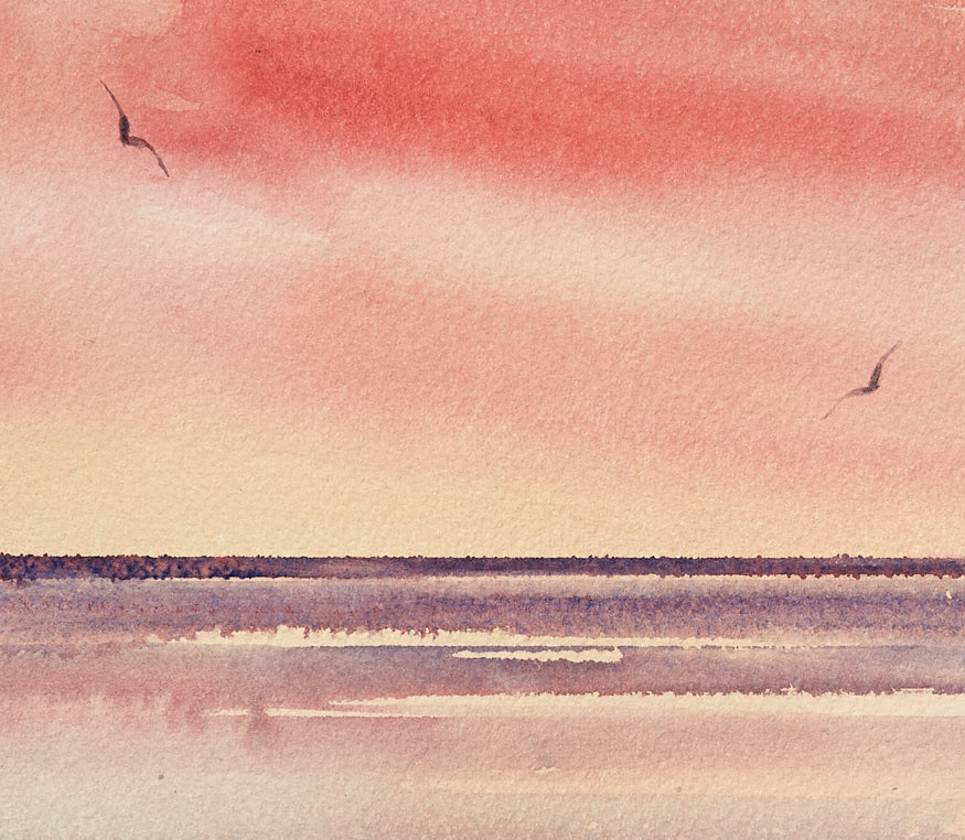 Twilight reflections original seascape watercolour painting by Timothy Gent - detail view