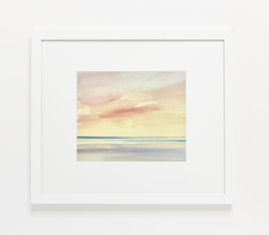 Twilight shoreline original seascape watercolour painting by Timothy Gent - example framed view