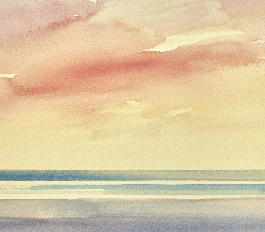 Twilight shoreline original seascape watercolour painting by Timothy Gent - detail view