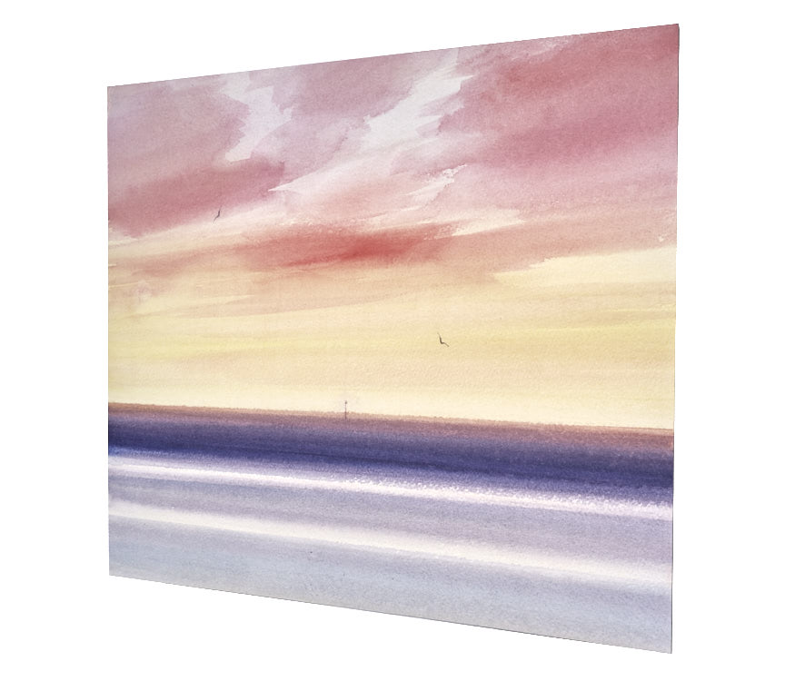 Twilight over the tide original seascape watercolour painting by Timothy Gent - side view