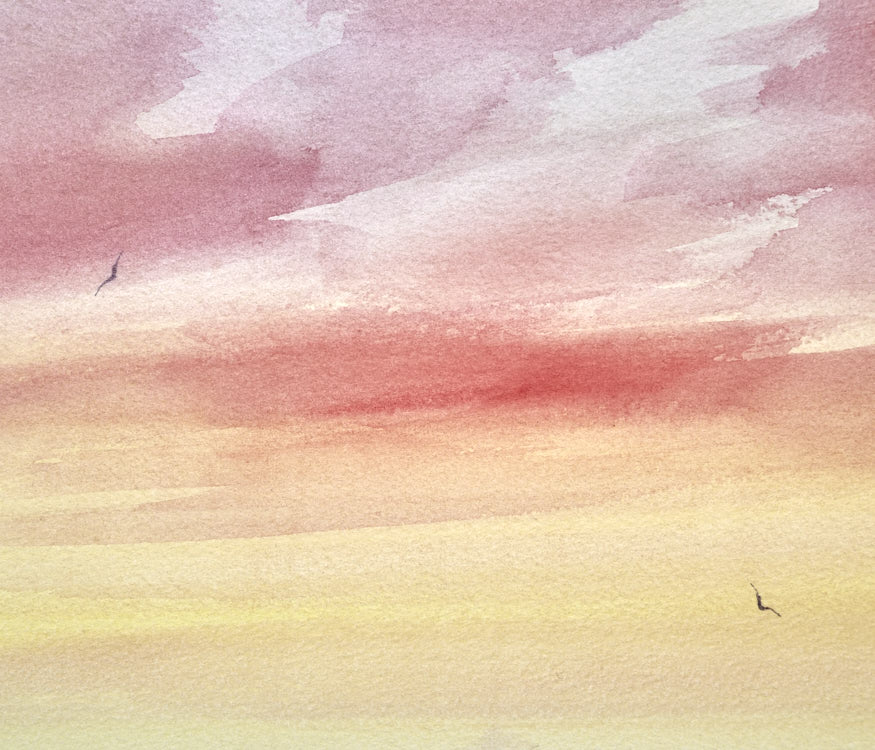Twilight over the tide original seascape watercolour painting by Timothy Gent - detail view