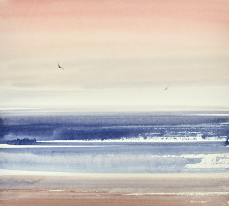 Breaking waves at sunset watercolour painting by fine artist Timothy Gent