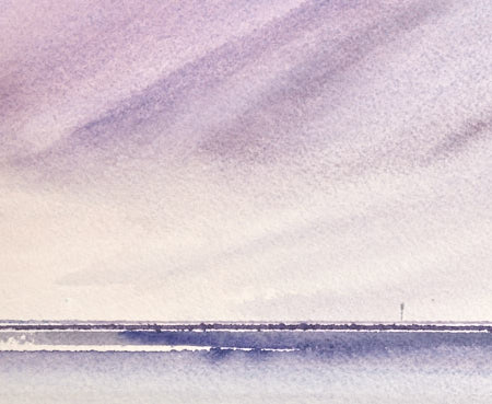 Late skies, St Annes-on-sea beach original watercolour painting by Timothy Gent - detail view