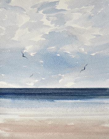 Light over calm seas original art watercolour painting by Timothy Gent