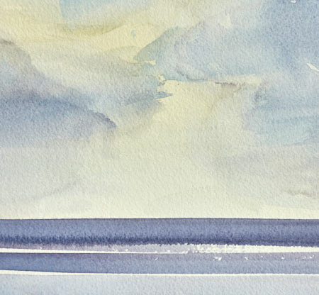 Light over the sea, Lindisfarne original watercolour painting by Timothy Gent - detail view