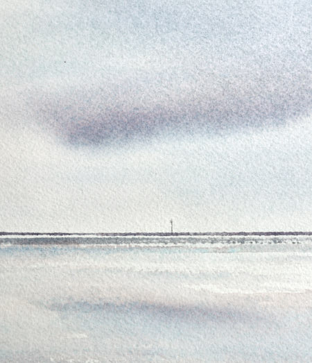 Reflections by the shore, St Annes-on-sea beach original watercolour painting by Timothy Gent - detail view