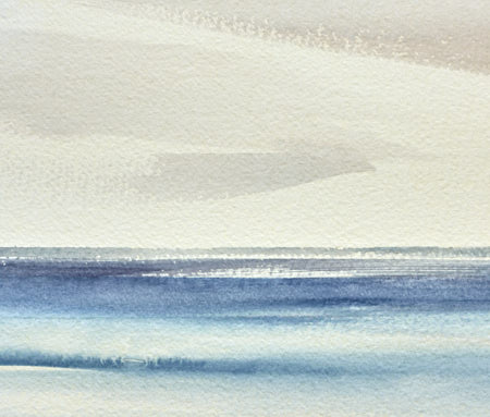 Silvery light over the shore original seascape watercolour painting by Timothy Gent - detail view