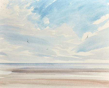 Watercolour painting titled Summer Beach, Lytham St Annes in Lancashire by fine artist Timothy Gent