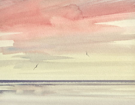 Detail of the sky in a twilight sunset seascape painting by Timothy Gent