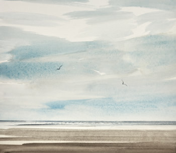 Original watercolour painting Overcast shore beach