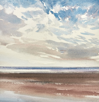 Original watercolour painting Sunlight over the sea beach