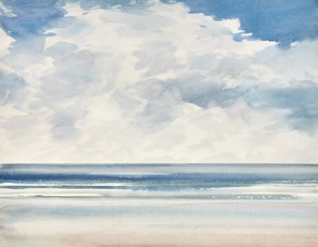 Original watercolour painting Sunlit seas beach
