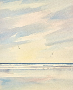Original watercolour painting Sunset tide, St Annes-on-sea beach