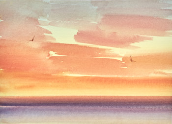 Original watercolour painting Sunset serenity from Lytham St Annes beach