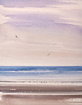 Original watercolour painting Twilight waters at Lytham St Annes beach