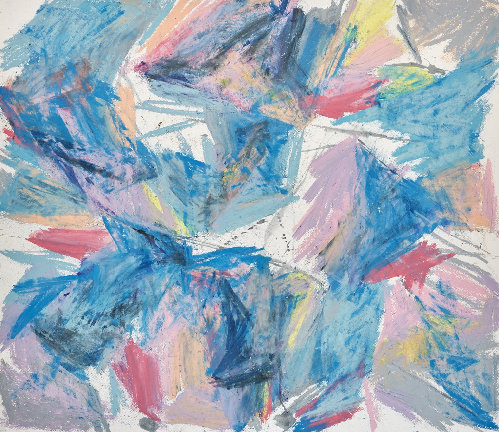 Abstract seascape painting Cool of West Beach in blue and purples on white paper by Timothy Gent