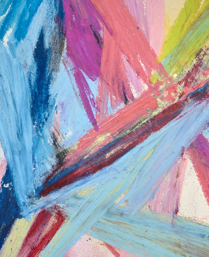 Close-up detail of Fulcrum showing layered oil pastel and transparent watercolour