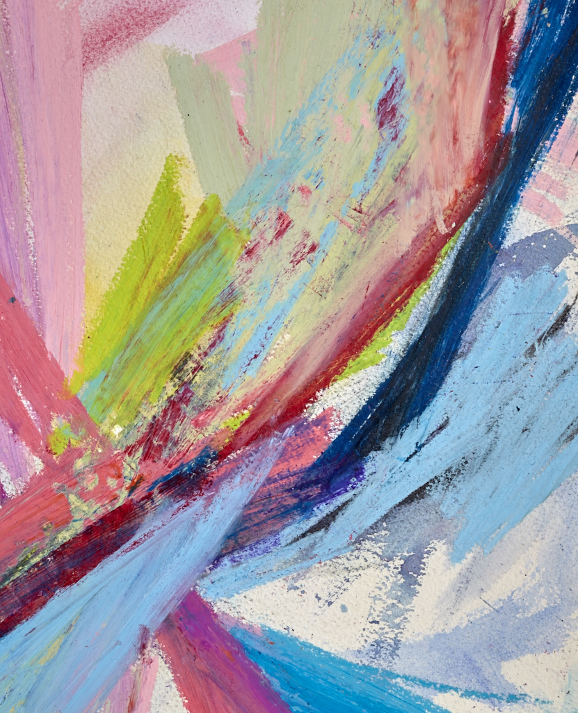 Further close-up detail of Fulcrum showing layered oil pastel and transparent watercolour