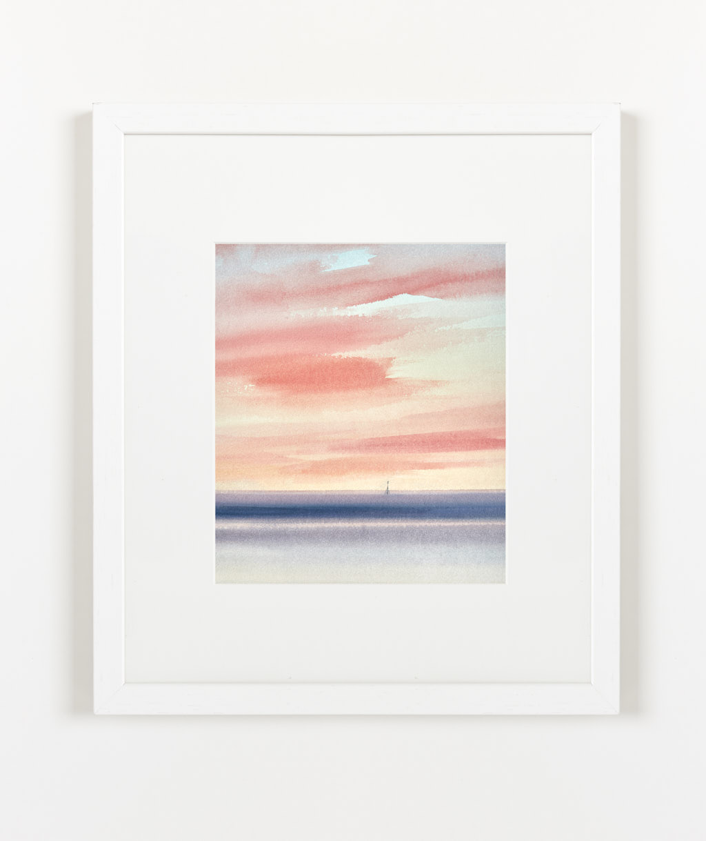 Serene sunset watercolour painting by Timothy Gent - example framed view