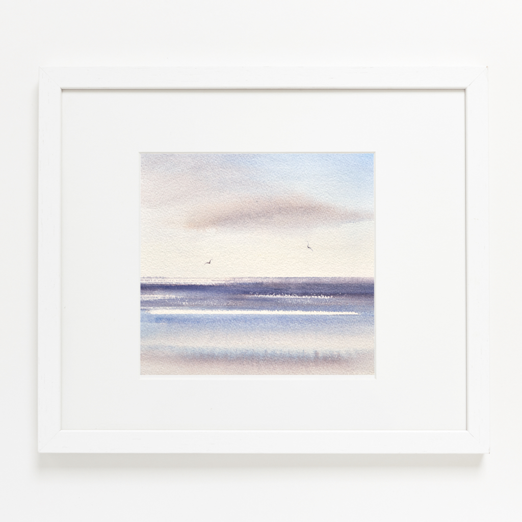 Sunlit skies over the sea watercolour painting by Timothy Gent - example framed view