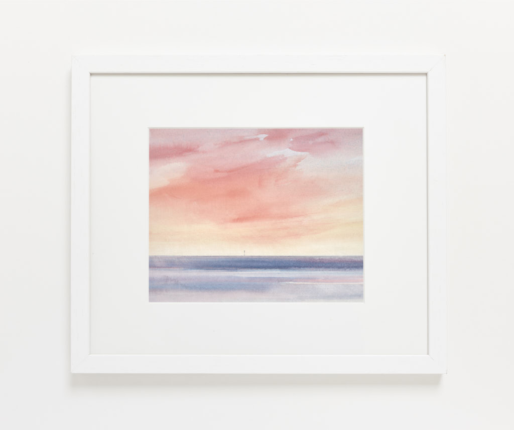 Sunset light out to sea watercolour painting by Timothy Gent - example framed view