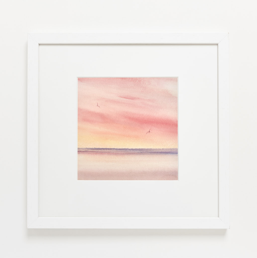 Sunset shore watercolour painting by Timothy Gent - example framed view