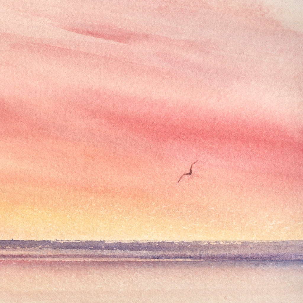 Sunset shore original seascape watercolour painting by Timothy Gent - detail view